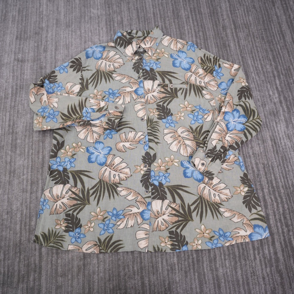 Karen Scott Sport Shirt Womens 1X Green Linen Blend Tropical Floral Button Up